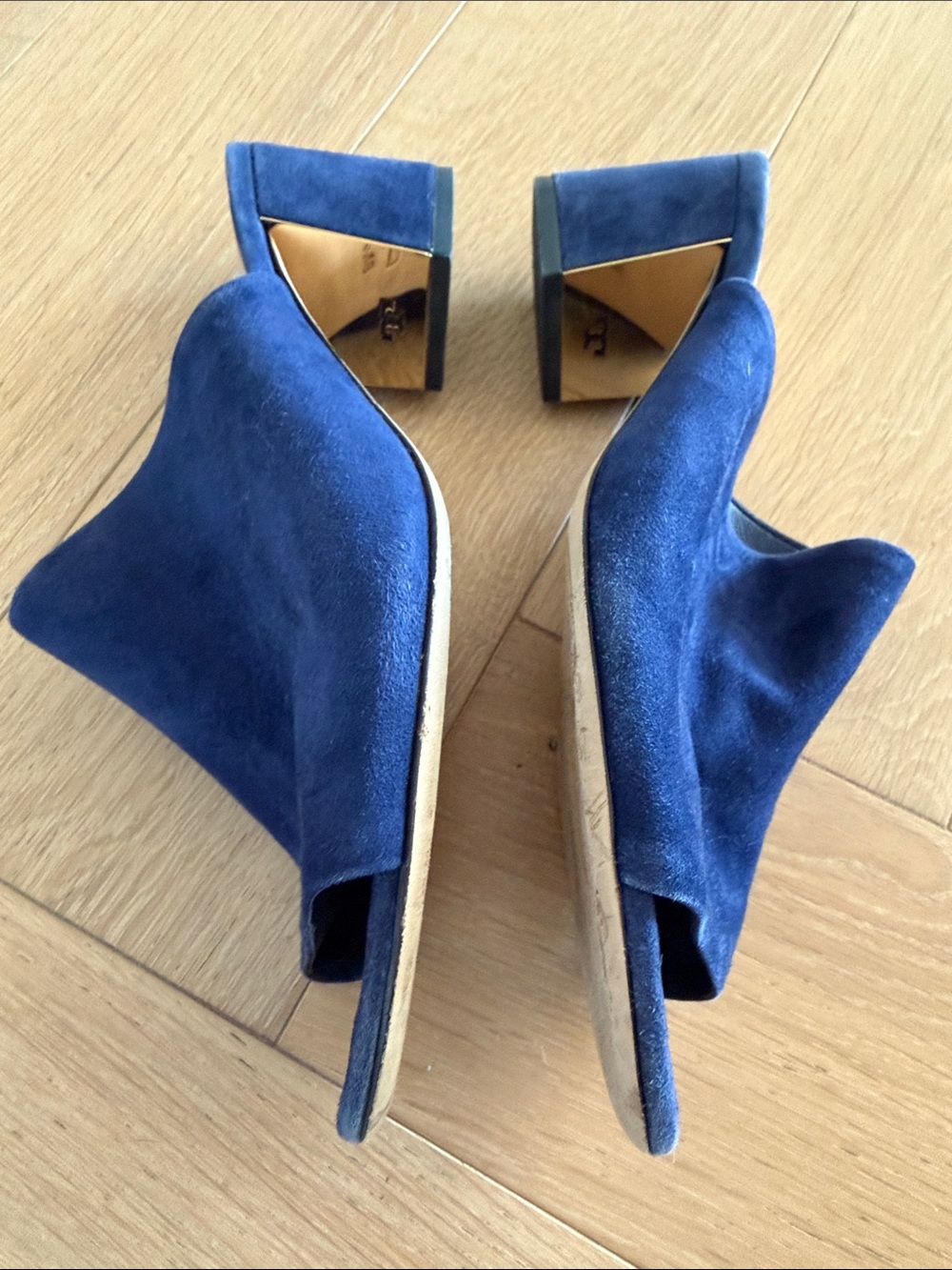 Tory Burch Cobalt Blue Suede Open-Toe Block Heel Mules - Picture 3 of 5